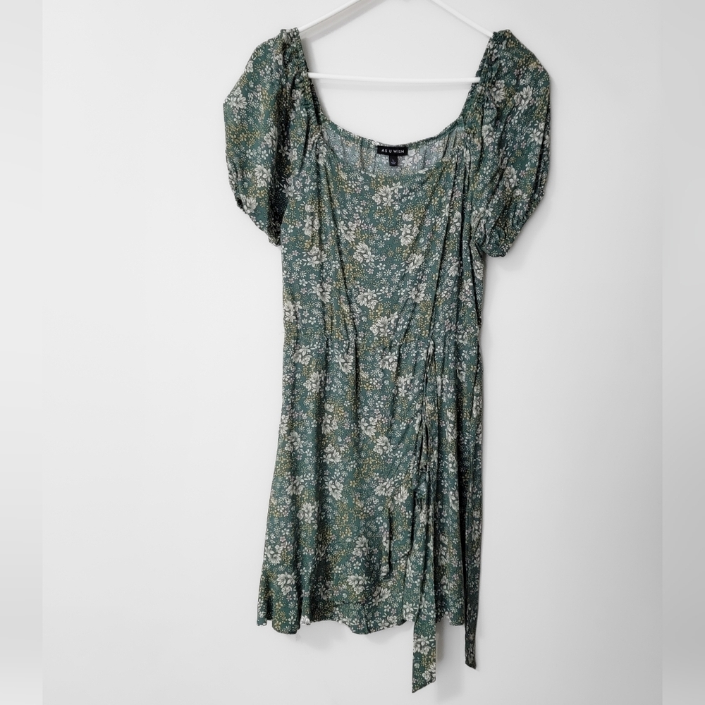 As U Wish Sage Green Floral Puff Sleeve Scoop Neck Mini Dress